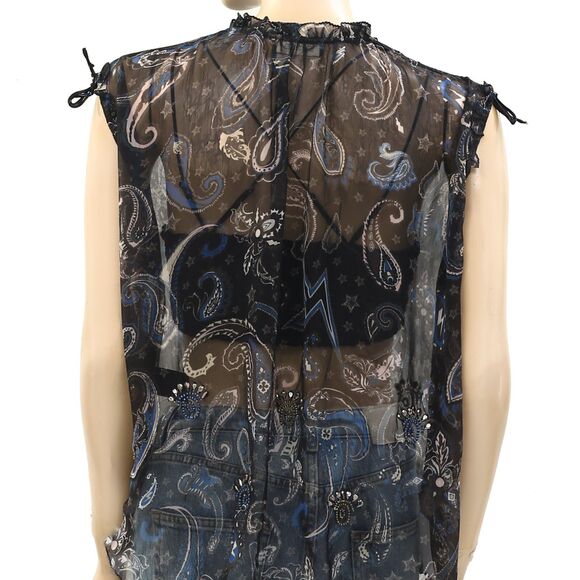 Zadig & Voltaire Thym Paisley Printed Blouse Top Ruffle Pintuck Sheer XS 267437 - Picture 6 of 8